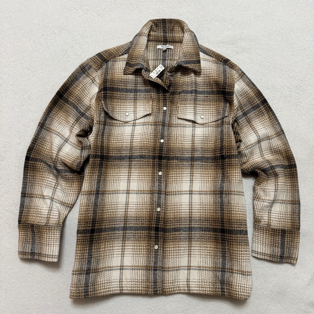 Madewell L Flannel Shirt Jacket Oversized Plaid side Pockets Pearl Snap Western - Picture 6 of 12